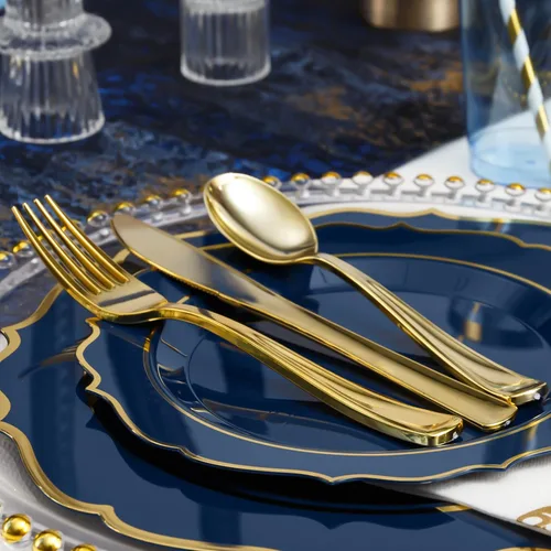 Miniatura 6 de 200 piezas de platos de plástico azul premium para 25 invitados, plato desechable azul y dorado de alta calidad, incluye 25 platos de cena/postre