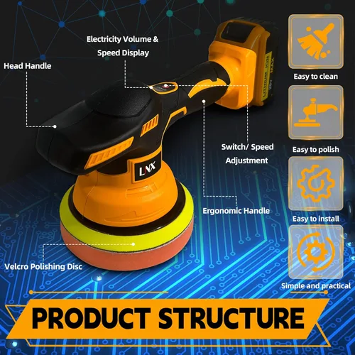 Miniatura 5 de Pulidora de búfer inalámbrica para batería Dewalt de 20V, pulidora de coche de 6 pulgadas con 8 velocidades variables, kit de amortiguadores