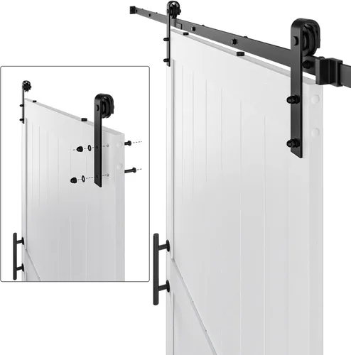 Miniatura 7 de Puerta corrediza estilo granero de 48 x 84 pulgadas con kit de herrajes para puerta corrediza de 8 pies y asa, agujeros preperforados para fácil