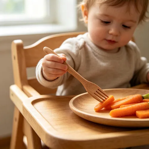 Miniatura 4 de YFWOOD 4 utensilios para niños pequeños, tenedores y cucharas de madera natural, esenciales para la alimentación del bebé, cubiertos seguros