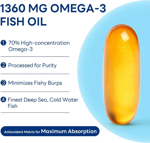Miniatura 3 de Vitamin World Suplemento de aceite de pescado Omega 3 Triple Strength de 1360 mg, 950 mg de ácidos grasos omega-3 activos con EPA y DHA, apoya