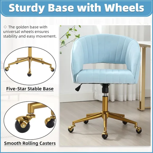 Miniatura 26 de ABET Silla de escritorio con ruedas, silla de oficina en casa de terciopelo, silla giratoria con base dorada, sillas acentuadas modernas tapizadas