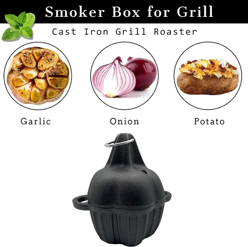 Miniatura 5 de Asador de hierro fundido, caja de ahumador de hierro fundido pre-sazonado para asar a gas, asador de ajo para horno, ideal para ahumar, asar, ajo