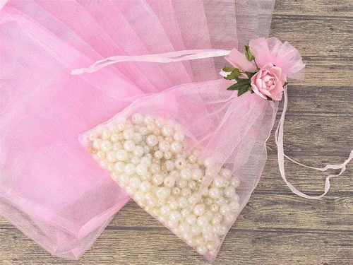 Miniatura 3 de Bolsa de regalo de organza de 5 x 7 pulgadas con cordón para joyas, dulces, juego de 50 bolsitas rosas, bolsas transparentes reutilizables de malla