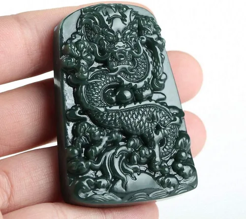 Miniatura 5 de China Natural Hetian Green Jade Nefrita Tallado Fengshui Zodiaco Dragón Bestia Colgante Amuleto Dragón 6#