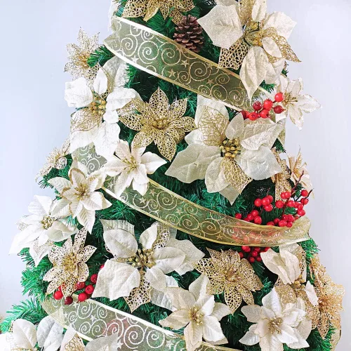 Miniatura 4 de Supla Paquete de 24 piezas de flores de Pascua doradas con purpurina dorada para árbol de Navidad, adornos de 5.9 pulgadas de ancho para coronas