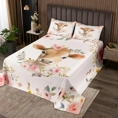 Miniatura 8 de Erosebridal Juego de colcha con diseño de gato y gatito, juego de colcha con temática de animales, juego de ropa de cama floral de flores coloridas