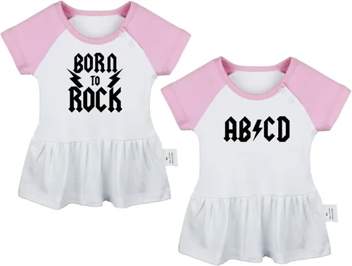 Pack of 2, AB CD & Born to Rock Funny Print Dresses, Newborn Infant Baby Girls Princess Dress, Cute Ruffle