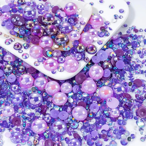 Miniatura 43 de 60g de Perlas Acuamarina Dorada con Diamantes de Imitación para Manualidades Tamaño Mixto 3mm-10mm Color AB Redondas Perlas Medias Planas Conjunto