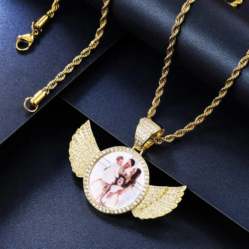 Miniatura 4 de MeMeDIY Colgante de imagen de memoria de hip hop personalizado para hombres y mujeres, grabado imagentextonombrefecha, foto personalizada, ala