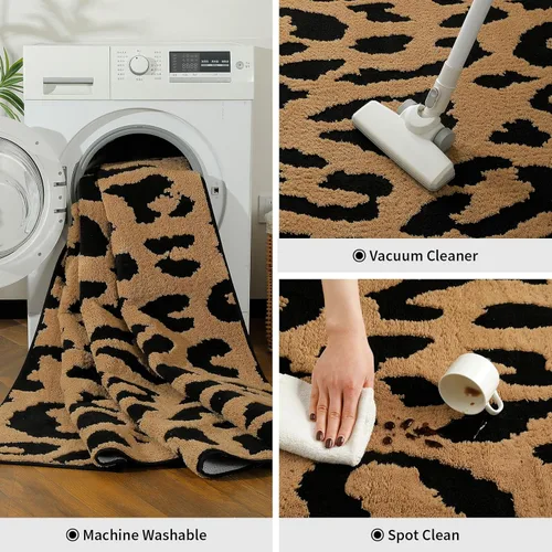 Miniatura 8 de YIHOUSE Alfombras de leopardo de 6 x 9 pies, alfombra suave de felpa lavable de pelo alto y bajo, antideslizante, no desprende pelusa, alfombra