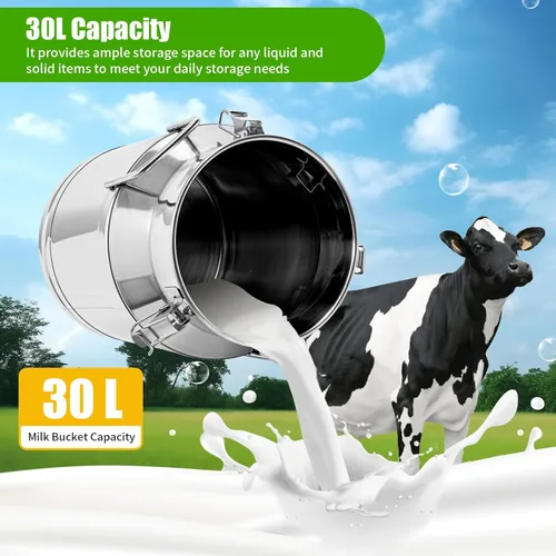 Miniatura 7 de Lata de leche de acero inoxidable de 30L/7.9 galones con tapa, cubo de leche resistente con mango ergonómico y tapa hermética, recipiente sólido
