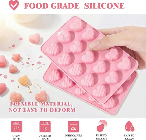 Miniatura 5 de Moldes de silicona en forma de corazón 2 piezas, molde de chocolate en forma de corazón 15 cavidades, moldes antiadherentes de grado alimenticio