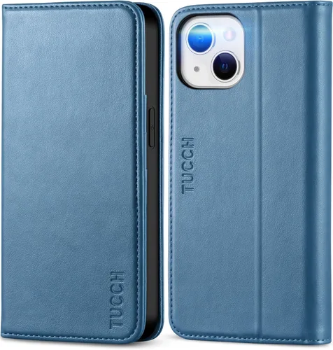 Miniatura 10 de TUCCH Funda tipo cartera para iPhone 13 5G, de piel sintética, con 3 ranuras para tarjetas, diseño de libro con soporte, funda interior de TPU a
