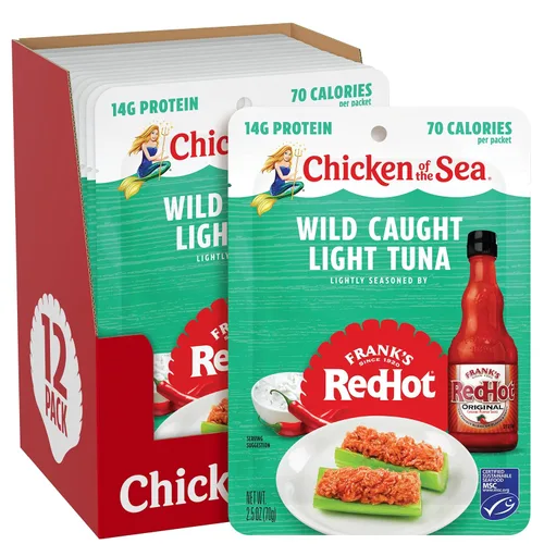 Chicken of the Sea Frank’s RedHot Atún Claro de Captura Salvaje, 2.5 Onzas Paquetes, 12-Conteo – Atún de Alta Proteína Saborizado con Salsa de