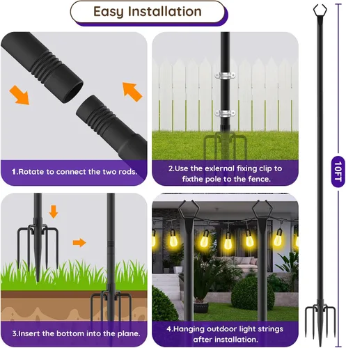 Miniatura 7 de zoegi Paquete de 2 postes de luz de 10 pies, postes de luz para luces exteriores con tenedor, soportes de luces colgantes para exteriores, soporte