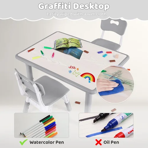 Miniatura 3 de DOREROOM Juego de mesa y 2 sillas para niños, altura ajustable (17.7-26.1 pulgadas), mesa y silla para niños pequeños, mesa multiactividad con Gris-W