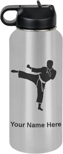 Miniatura 79 de Botella de agua personalizada LaserGram, Karate Man, de acero inoxidable con doble pared aislada al vacío con tapa abatible, regalo personalizado