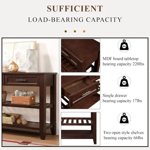 Miniatura 6 de RUNNA Mesa de sofá consola con 2 cajones de almacenamiento y estantes de 2 niveles, aparador de madera maciza para sala de estar, muebles, cocina