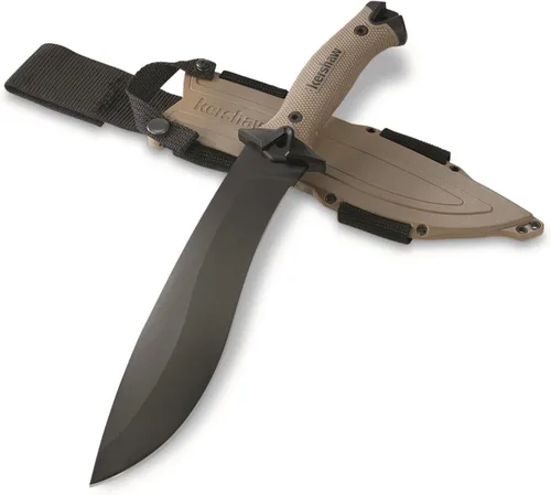Kershaw Camp 10 Machete, bronceado, hoja recurva fija de 10 pulgadas, acero para herramientas de carbono de 65 millones, hoja de espiga completa,