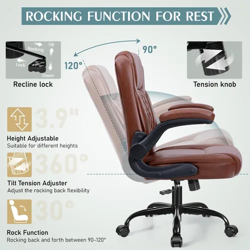 Miniatura 7 de Silla de cuero PU con soporte ergonómico lumbar, gira 360°, pequeña, ruedas, reposabrazos ajustables, para gente chaparra, para escritorio, Marrón