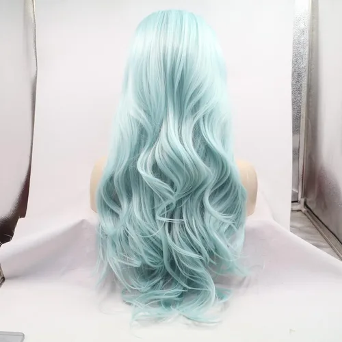 Miniatura 4 de Xiweiya Peluca de encaje frontal verde menta, color azul natural, cuerpo largo, ondulado, línea capilar natural, sin pegamento, parte media, fibra