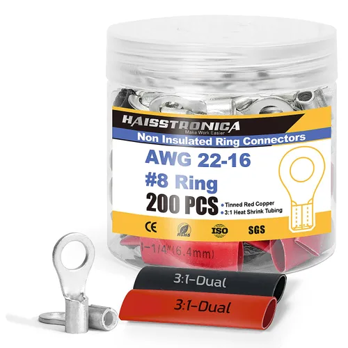 Miniatura 15 de haisstronica Juego de conectores de cables no aislados, 50 piezas de terminales de anillo de 5/16" (AWG12-10) con 50 piezas de tubo termorretráctil