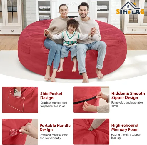Miniatura 278 de Puf de 5 pies, puf grande con relleno de espuma viscoelástica, sofá puff esponjoso con funda de terciopelo holandés, puf redondo para sala de estar