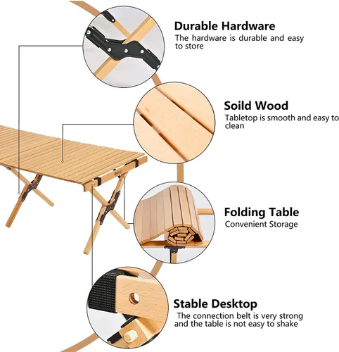 Miniatura 2 de Trade Best Mesa de picnic baja portátil, plegable para playa con una bolsa de transporte, barbacoa enrollable de madera maciza para exteriores