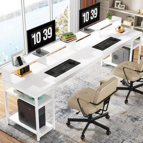 Miniatura 10 de Tribesigns Escritorio para Dos Personas con Soporte para Monitor, Escritorio de Oficina Doble para Computadora de 78.74" de Largo con Estantes