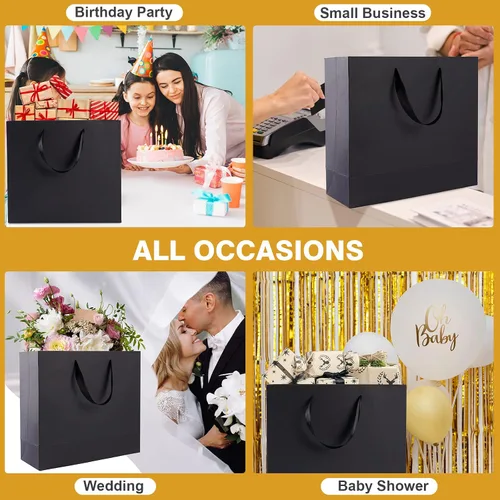 Miniatura 6 de Bolsas de regalo negras extragrandes de 15.7 pulgadas para regalos con papel de seda y asas de cinta para compras, pequeñas empresas, fiestas