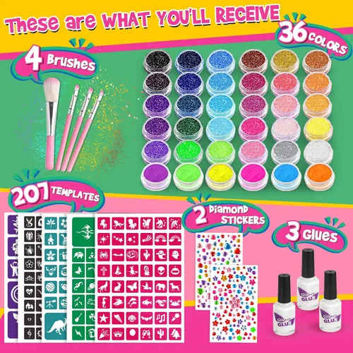 Miniatura 8 de Dreamon Tatuajes con purpurina para niños, tatuajes temporales para niñas y niños, kit de tatuaje con purpurina de 36 colores, regalos para fiesta