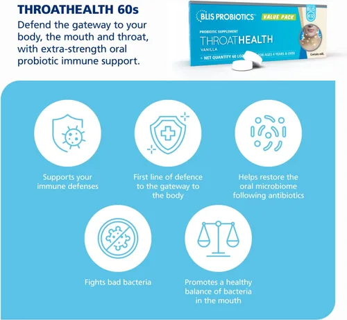 Miniatura 2 de BLIS ThroatHealth Probióticos orales K12 - Apoyo inmunológico y de garganta, vainilla - 60 pastillas, 2.5 mil millones de UFC