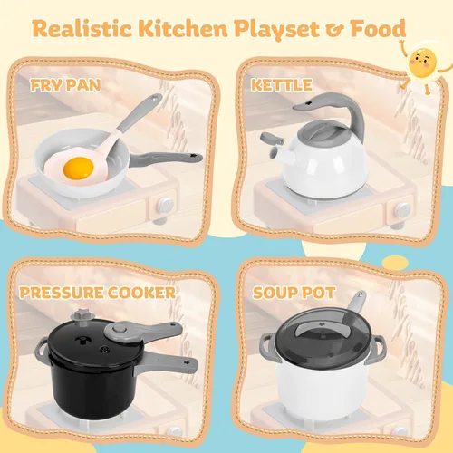 Miniatura 9 de 105 piezas de accesorios de juguete de cocina para niños, juego de cocina de camping y barbacoa para niños pequeños, juego de ollas, sartenes, Blanco
