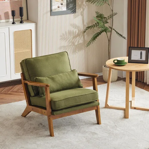 Miniatura 9 de VINGLI Silla de Acento de Madera Maciza con Reposabrazos Anchos, Silla Moderna Tapizada de Mediados de Siglo con Almohada, Cómoda Silla de Lectura