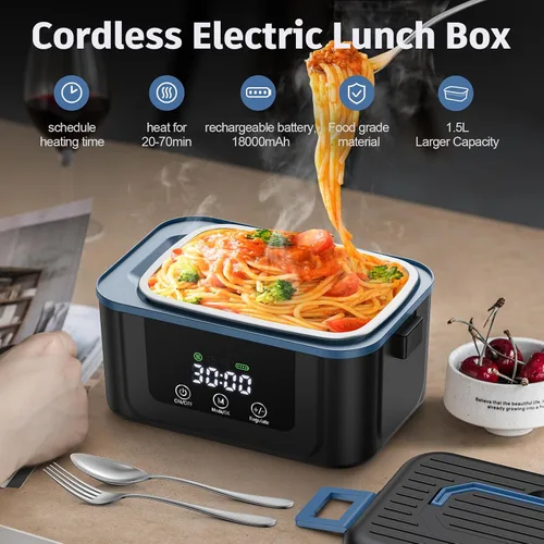 Miniatura 2 de Fiambrera eléctrica inalámbrica para adultos, hombres y mujeres, lonchera calentada con batería con contenedor de 1.5 L, lonchera autocalentable
