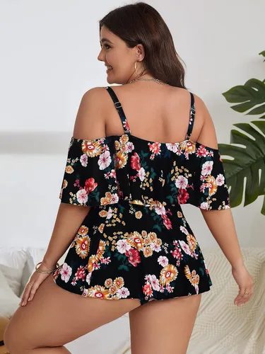 Miniatura 4 de SOLY HUX Traje de baño tankini de 2 piezas para mujer, talla grande, estampado floral, hombros descubiertos, ribete de volantes, traje de baño, Azul