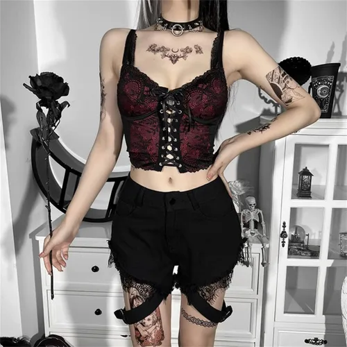 Miniatura 7 de Camisetas sin mangas para mujer, estilo gótico, estilo grunge, vintage, sin mangas, sexy, de malla, con volantes