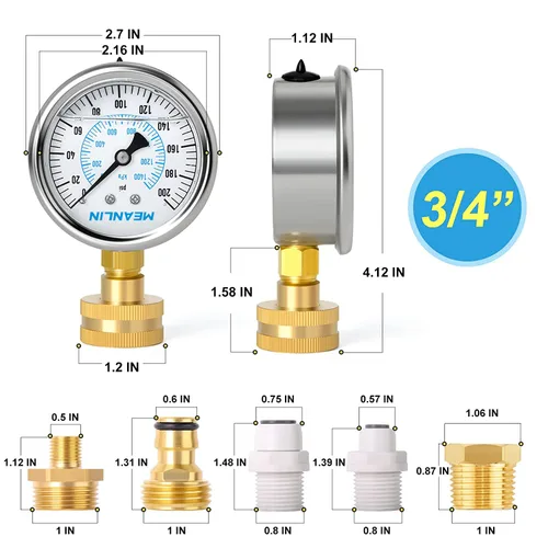 Miniatura 2 de MEANLIN MEASURE Manómetro de presión de 0~200 Psi con marco de acero inoxidable, rosca hembra de 3/4", relleno de líquido, kit con 5 adaptadores