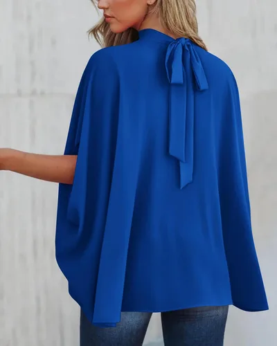 Miniatura 13 de BTFBM Blusas de verano para mujer, cuello alto falso, manga murciélago, holgadas, dobladillo alto y bajo, blusas informales de gran