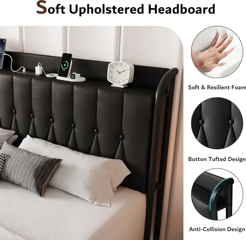 Miniatura 4 de iPormis Base de cama de metal de tamaño completo con estación de carga, cabecera y pie de cama de cuero sintético, soporte de acero resistente, Negro