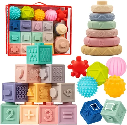 Jyusmile Juguetes para bebés de 6 a 12 meses, juguete Montessori para bebés de 6 a 12 meses, incluye bloques de construcción apilables, juguetes