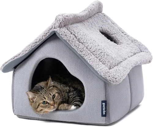 Pelzin Casas para gatos de interior – Cama cueva grande para gatos con espuma de apoyo extraíble y alfombrilla lavable de 2 lados – Cama cubierta