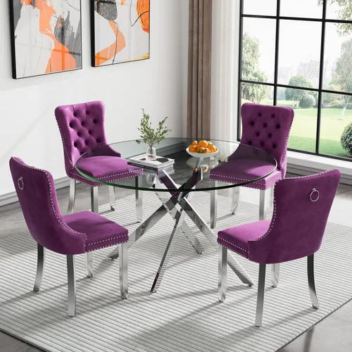 Miniatura 17 de Juego de 4 mesas de comedor redondas de vidrio para 4, juego de mesa de cocina pequeña para 4, mesa redonda de vidrio de 35 pulgadas, juego de 4
