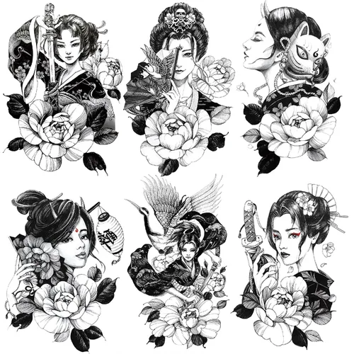 6 hojas de tatuajes temporales de geisha japonesa para adultos, calcomanías de tatuaje falsas de grúa de flores de geisha, arte corporal impermeable