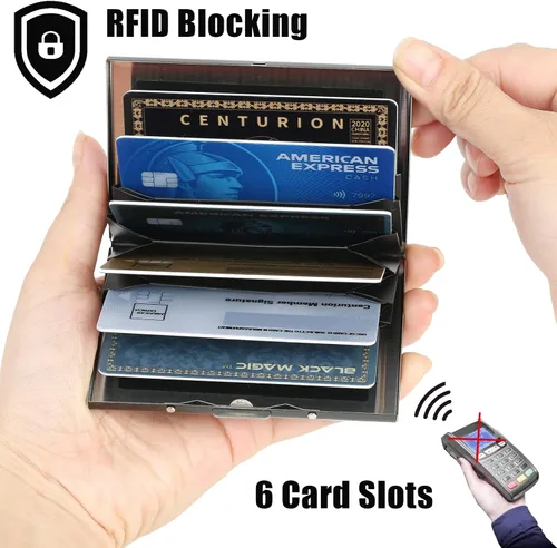 Miniatura 89 de BONSYL® Soporte para tarjetas de crédito, cartera delgada de metal con bloqueo RFID, con 6 ranuras para tarjetas, para mujeres y hombres.
