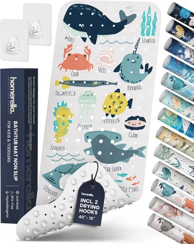 Miniatura 10 de Homerella - Alfombrilla de baño antideslizante y antideslizante para niños, 40 x 16 pulgadas, sin BPA, incluye 2 ganchos, tapete de ducha lavable