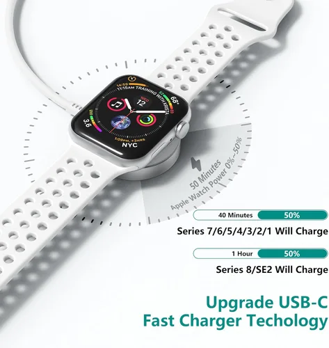 Miniatura 3 de Paquete de 2 cables de carga para Apple Watch, cargador rápido magnético a cable USB-C de 3 pies (1m), cargador rápido inalámbrico portátil