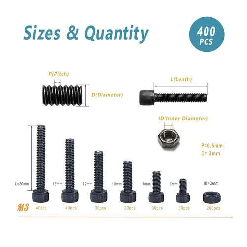 Miniatura 2 de Kadrick Tornillos métricos pequeños adecuados para impresora 3D DIY, surtido de tornillos y tuercas M3 de 400 piezas, cabeza de casquillo hexagonal