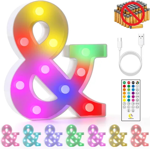 mooncow Letras Luminosas Recargables, Letras de Marquee Coloridas con Control Remoto, Regalos Envueltos, Decoración para Dormitorio, Hogar, Bar,